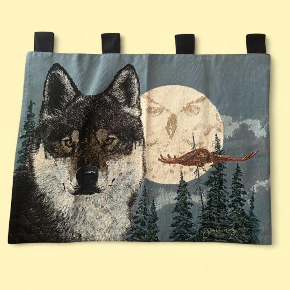 🐺 Vintage Jon Van Zyle "Eyes of the Night" Woven Tapestry Wall Hanging 🌲🌕